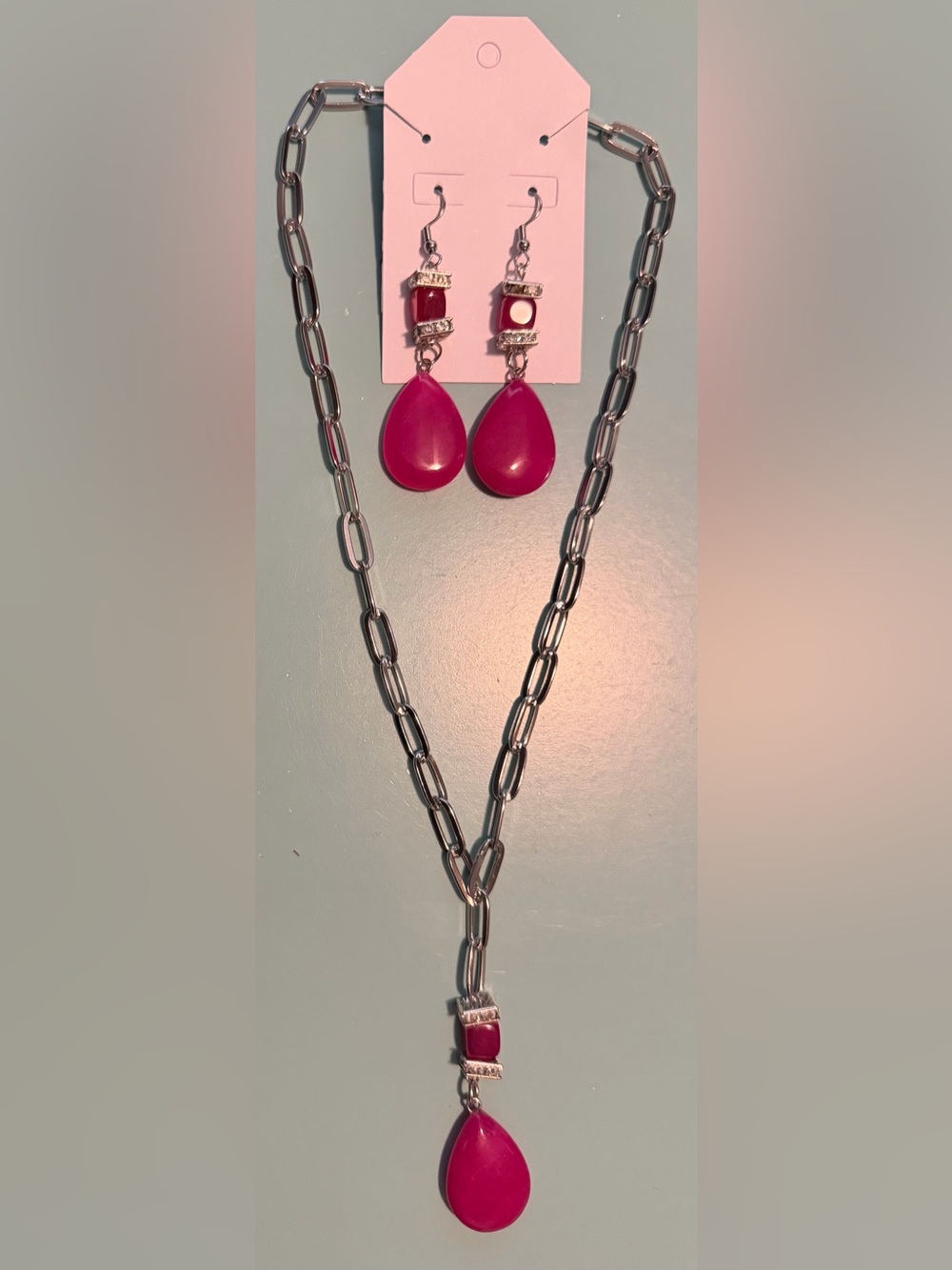Hot Pink Teardrop Pendant Necklace with Matching Earrings- with Beaded Accents